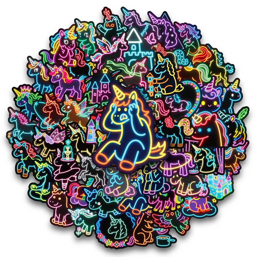 

10/30/56pcs Neon Light Series Unicorn Cute Cartoon Stickers Aesthetic Kid Decals Toy DIY Notebook Car Laptop Kawaii Sticker Gift
