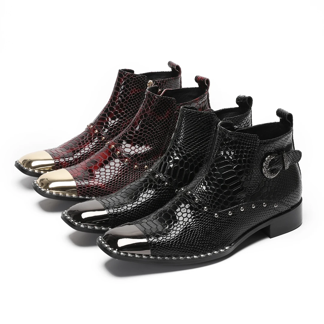 Fashion Metal Square Toe Men Real Leather Ankle Boots Big Size Rivets Night Club Party Motorcycle Short Boots Male Dress Shoes