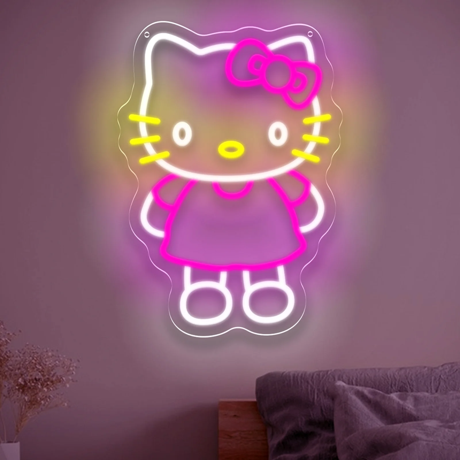 مرحبا كيتي النيون عكس الضوء LED Kawaii ضوء النيون لغرفة النوم لعبة غرفة نافذة الحفلات مقهى بار المشروبات متجر ديكور #1