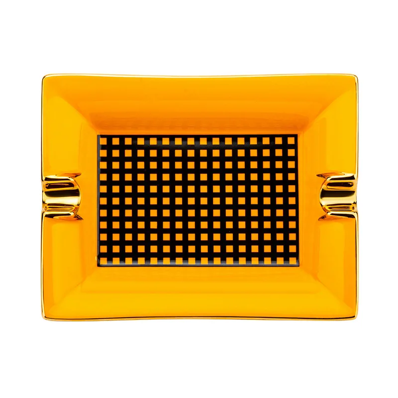 Cigar Ashtray, Ceramic with Two Slots for Cigarettes, Creative Gilding with Checkered Pattern , Cigar Holder