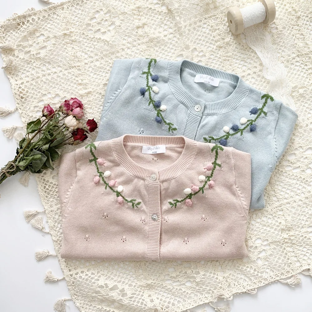 Baby Girls Cardigan With Hand Embroidery Toddler Knitted Top Kids Air Conditioning Clothes 2-7Y