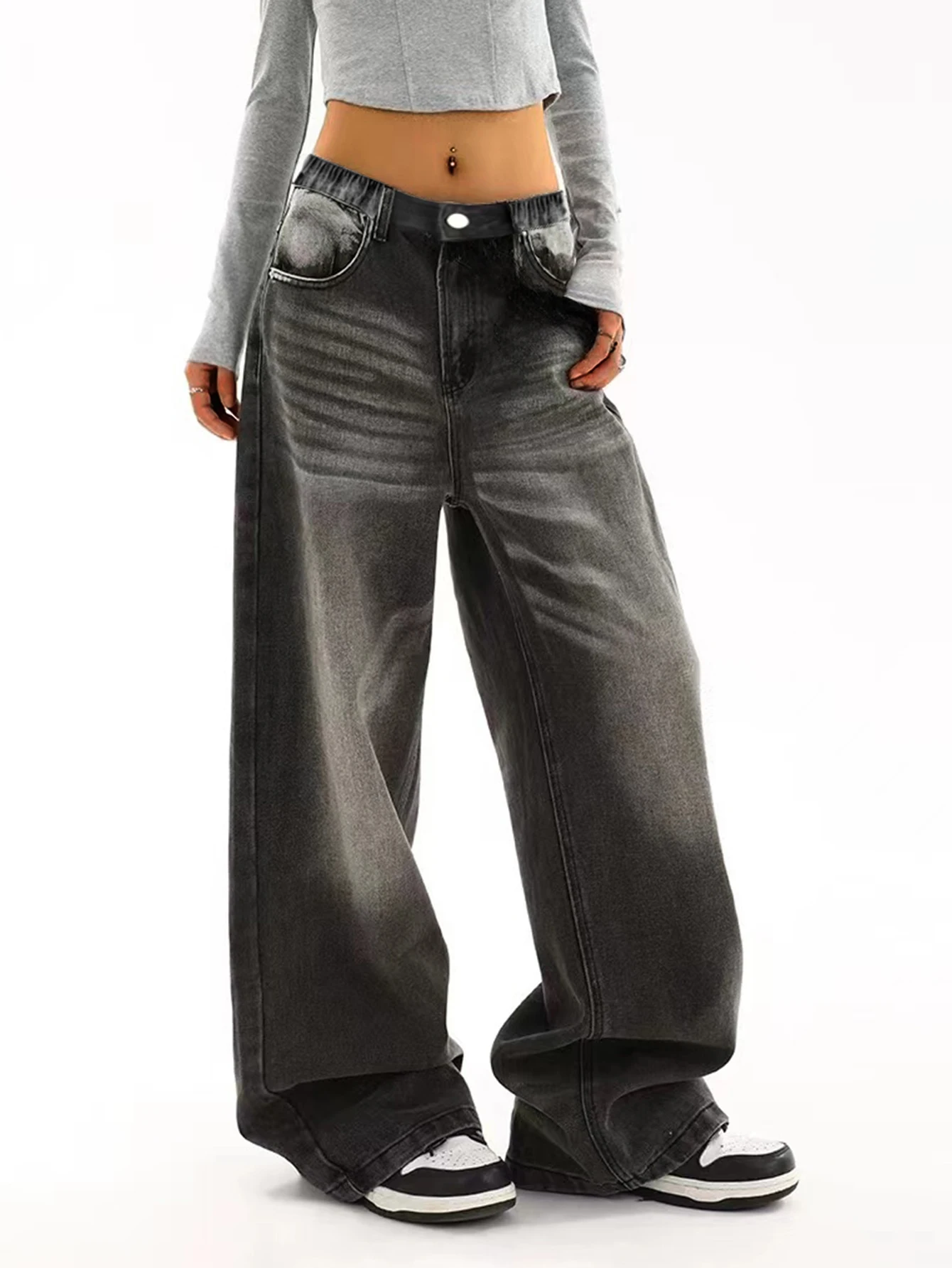 

Teenage girls' versatile loose trendy stylish washed jeans - individualistic casual straight-leg pan