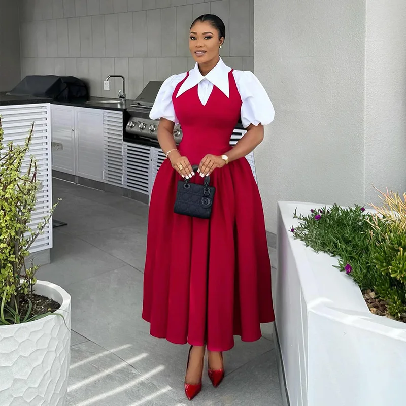 

Temperament elegant bubble sleeve women's shirt collar high waist thin dress fake two fashionable simple versatile holiday style