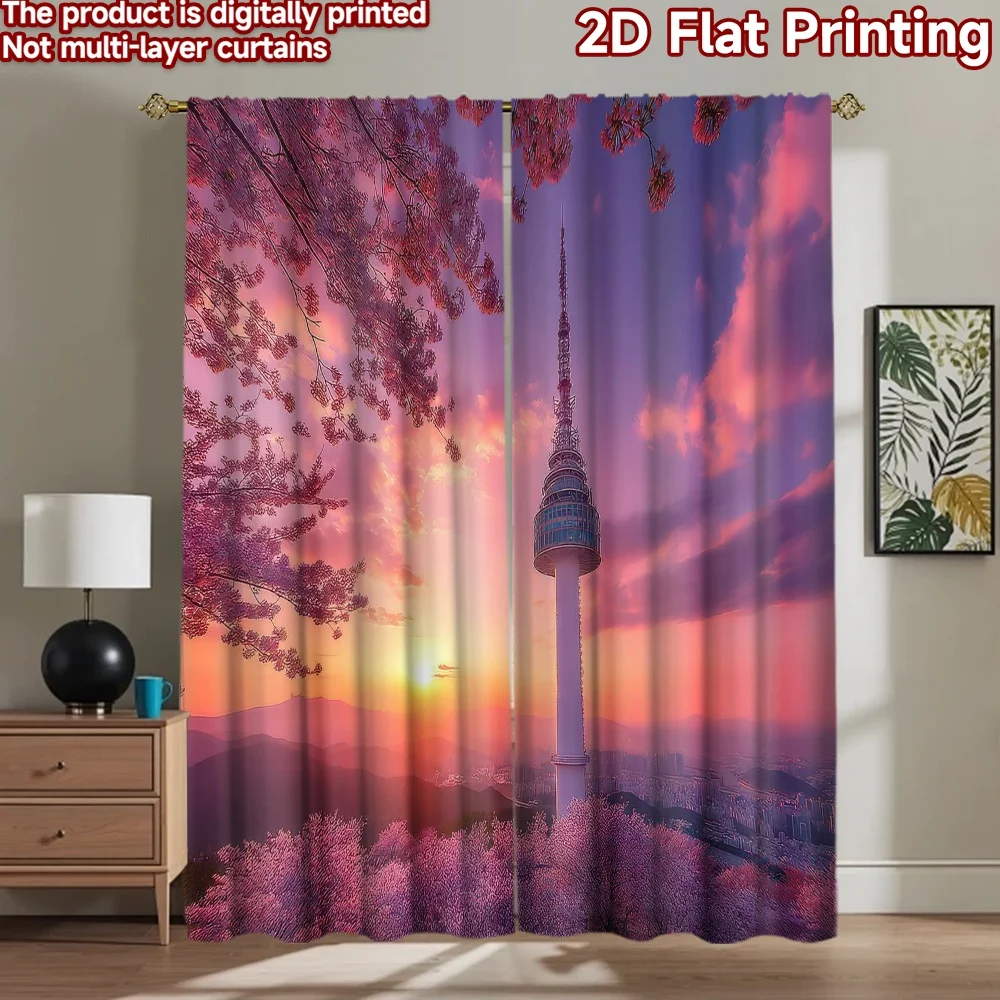 

1pc 2D flat Photography Backdrop Tapestry Cherry Blossom Sunset Tower 100% Polyester Party & Holiday Decor Perfect for Booth
