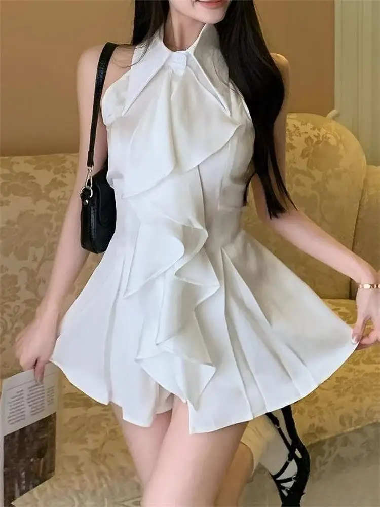 Ruffled เสื้อแขนกุดสีขาวผู้หญิงฤดูร้อนภาษาฝรั่งเศสคํา Elegant Lady ความยาวปานกลาง Slim Tank เสื้อสีทึบ