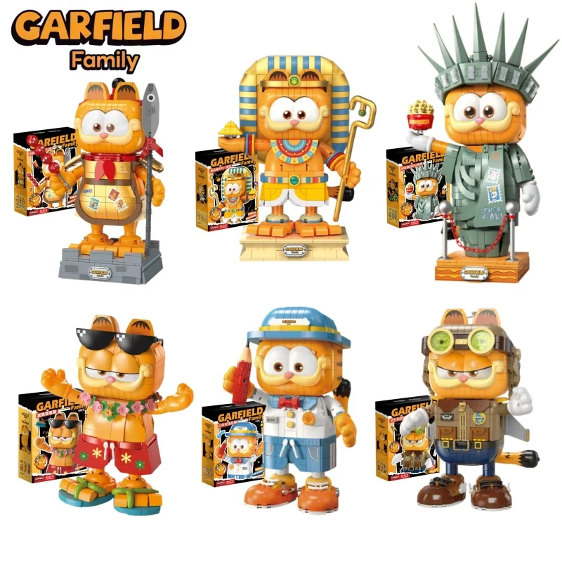 

Cartoon Garfield Cats Series Building Block Statue of Liberty Pilot Beach Vacation Anime Figure Assembled Children's Toy Model