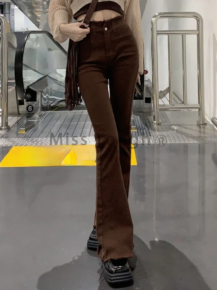 Brown Vintage Sweet Flare Pants Women High Waist Korean Fashion Jeans Female Holiday Pockets Causal Designer Long Pants 2023 New