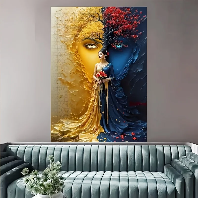 1000 قطعة أحجية الصور المقطوعة - امرأة أنيقة مع فستان زهري، تصميم فني ذهبي وأزرق، لعبة تحدي DIY للبالغين، عائلة #2