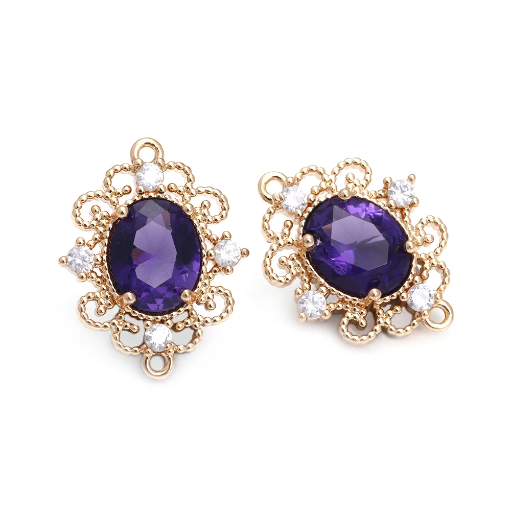 18K Gold Color Brass Zircon Glass Oval Shape Connect Charms Pendants High Quality Diy Jewelry Accessories Making Materials