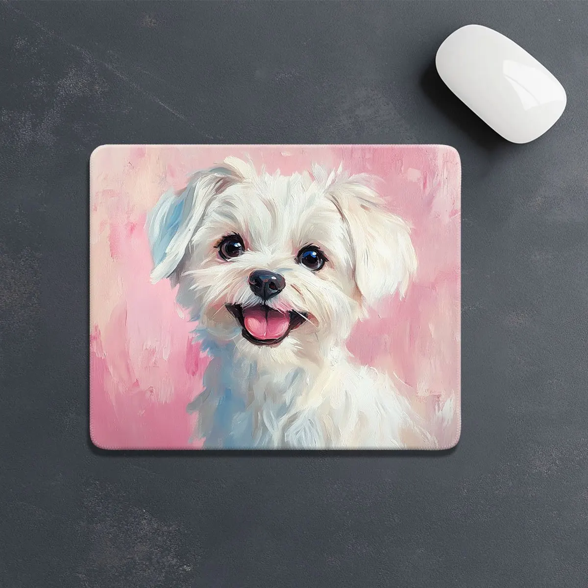 

The cute white dog portrait mousepad with a pink background anti-slip and durable rubber base is suitable for home or office use