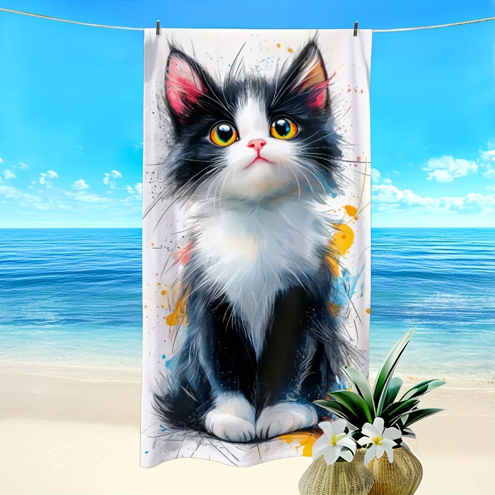 Artistic Tuxedo Cat Towel, Cute Black & White Kitten with Color Splatter on White Background Print Bath Towel Delicate Cat Lover