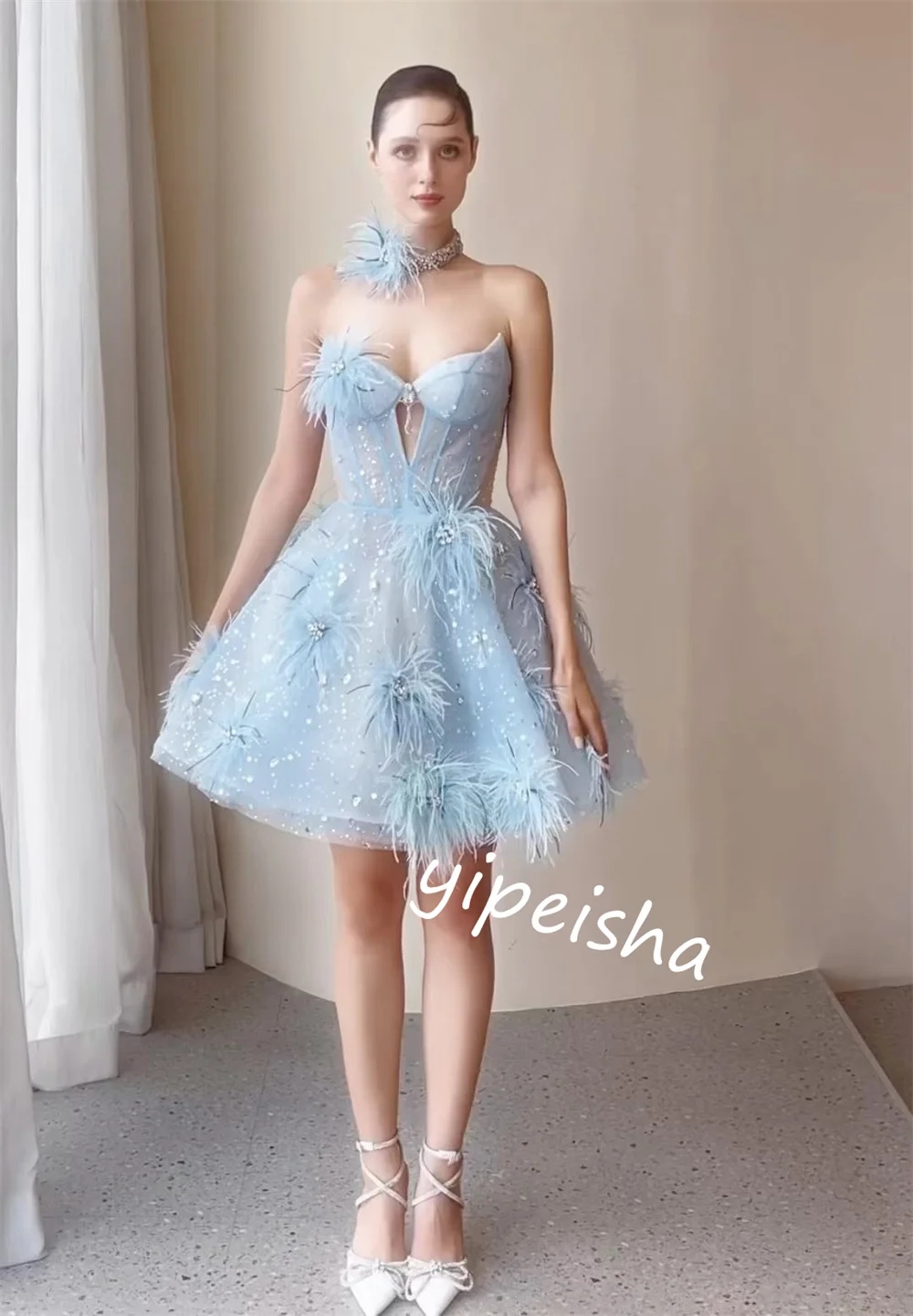 Sparkle Exquisite High Quality Organza Sequined Feather Celebrity A-line Sweetheart Bespoke Occasion Gown Mini Dresses