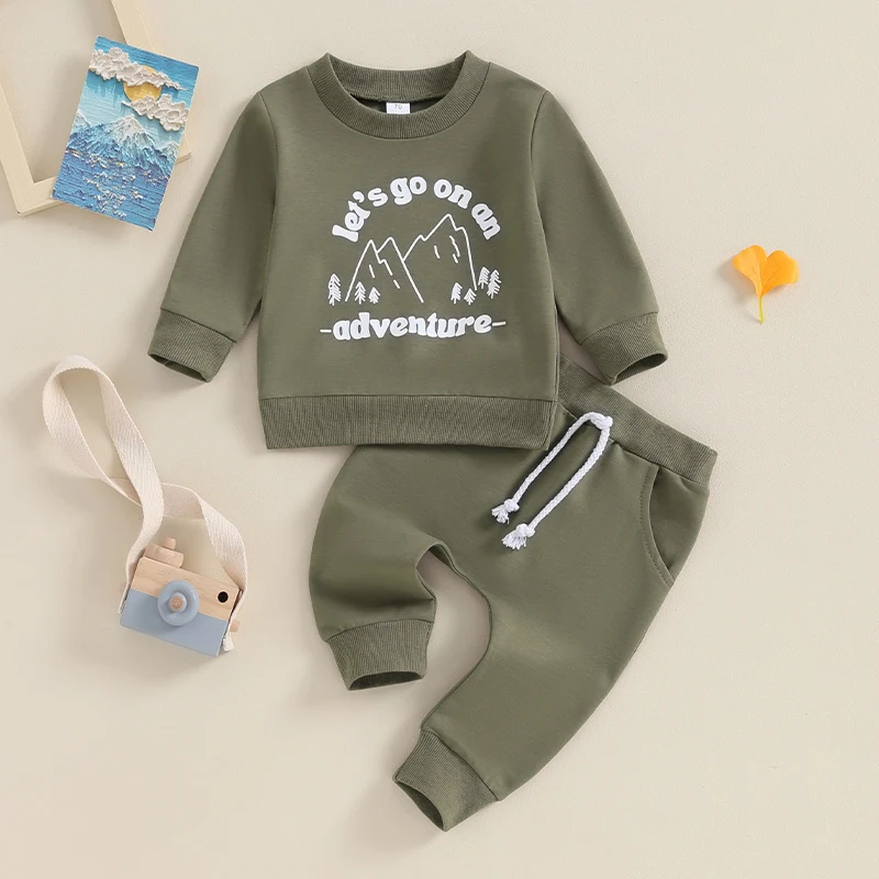 

2023-10-11 Lioraitiin 0-3Y Toddler Boys Clothes Set Long Sleeve Letter Mountain Print Sweatshirt and Drawstring Pants Sets 2PCS