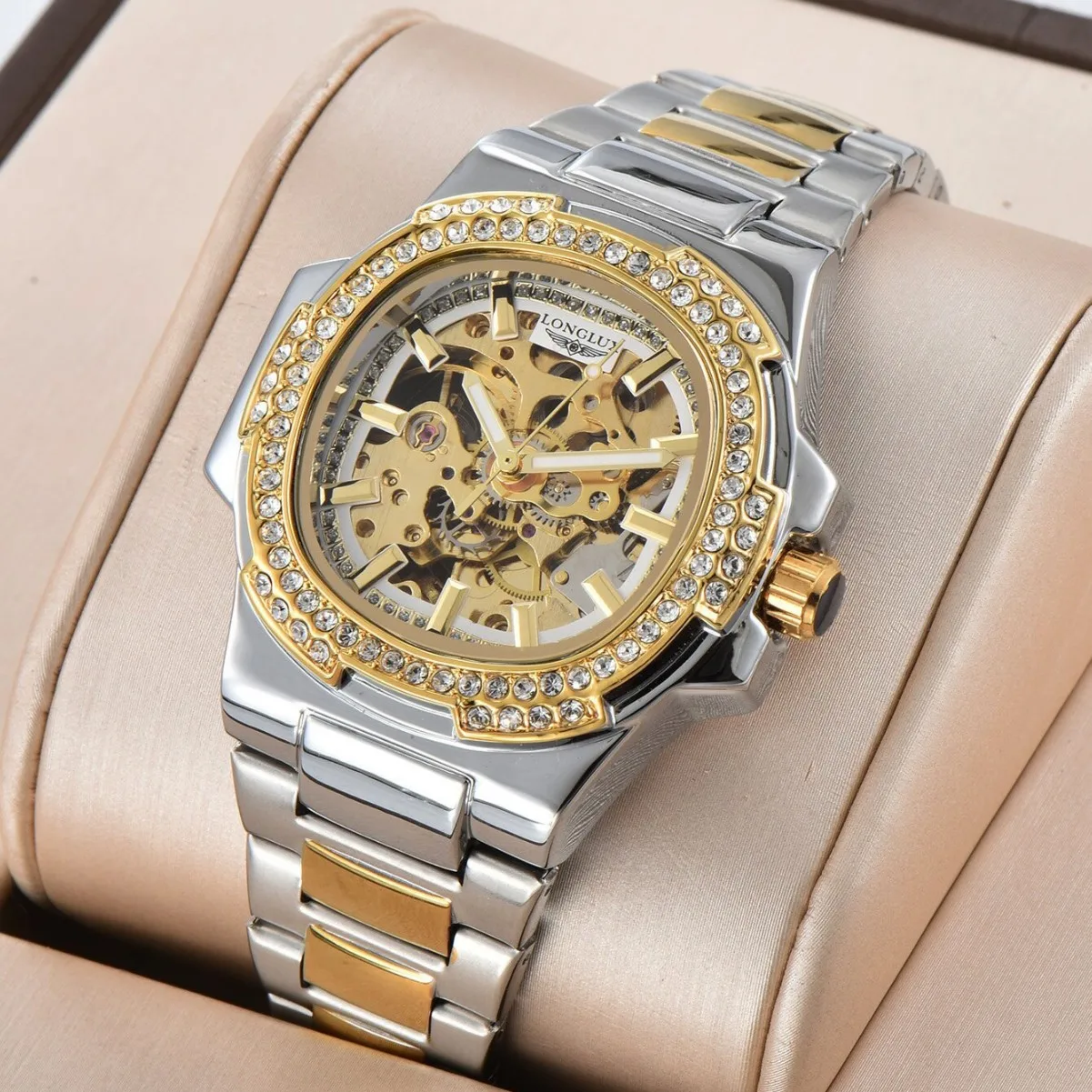 

Роскошные мужские механические часы из нержавеющей стали спортивные водонепроницаемые автоматические наручные часы со скелетом модные деловые подарочные часы с бриллиантами