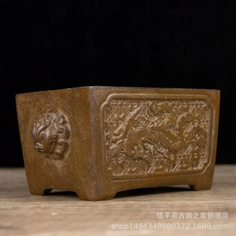 

Brass Phoenix Pattern Beast Ear Rectangular Incense Burner Ornament for Office Living Room Shop Study Decoration