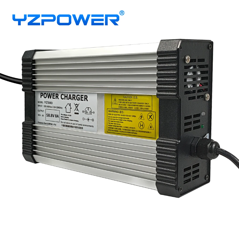 YZPOWER 58.8V 8A lithium battery charger 14S 48V (51.8V-52V) charger input 110-240Vac fast charging DC charger with cooling fan