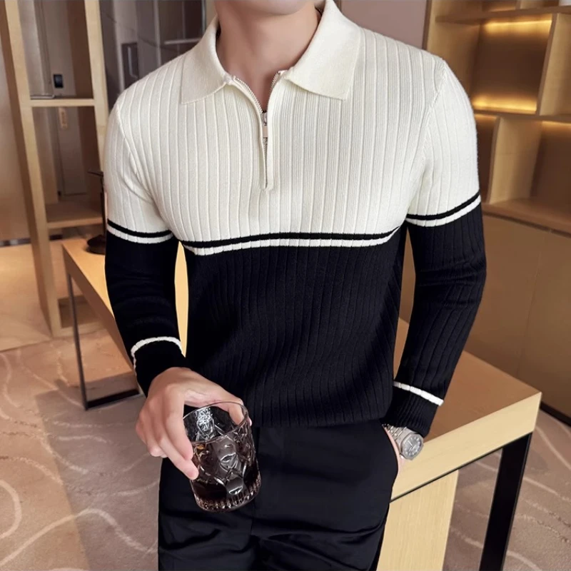 Otoño Invierno suéter de solapa para hombres tendencia Casual negocios Polo suéter con cuello contraste Color Patchwork suéteres ropa de hombre