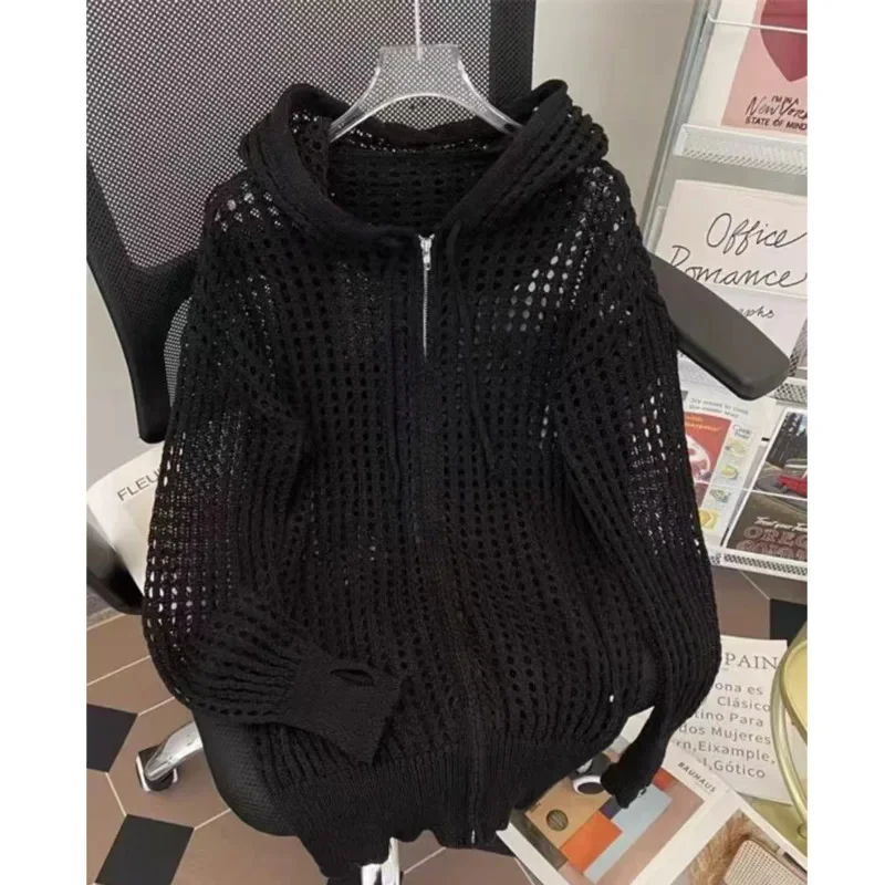 Korean Plaid Sweatshirt Hoodie Jacket Y2K Cardigan Women Spring Autumn Hollow Knit Sweater Ins Loose Coat Sweatshirt Hoodie New