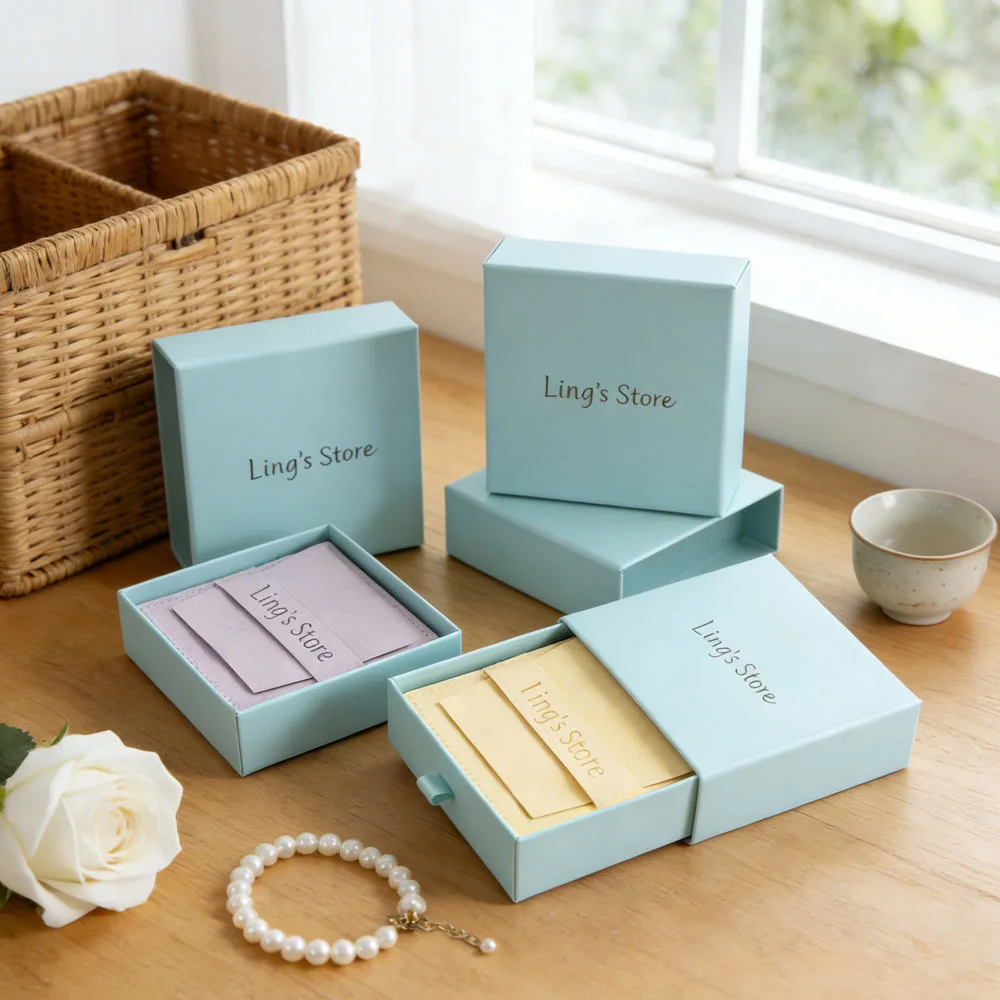 

8x8x1.7cm Blue Carton Drawer Box Microfiber Pouches Set Custom Logo Jewelry Packaging Display Wedding Party Gift Bags Boxes