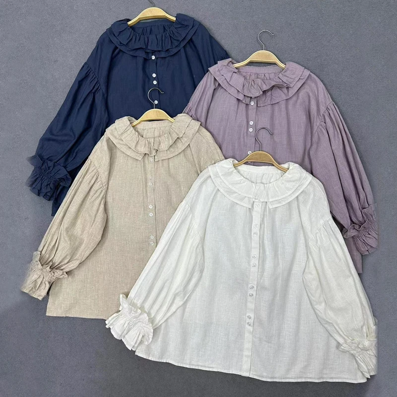 Johnature Japanese Vintage Linen Double Collar Petal Sleeve Shirt Women 2024 Spring New Loose Casual Solid Color Shirts