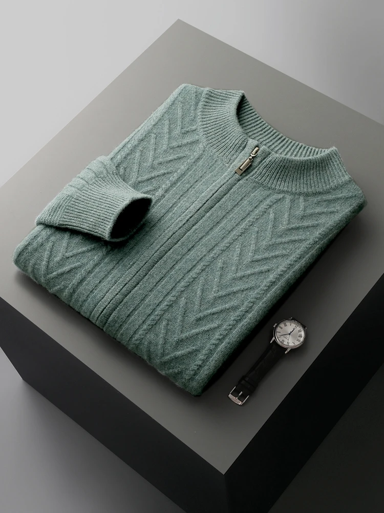 

TLOML Men Autumn Winter Thick Zipper Pullover Mock Neck Smart Casual Cashmere Sweater 100% Merino Wool Knitwear Cable Knit Tops