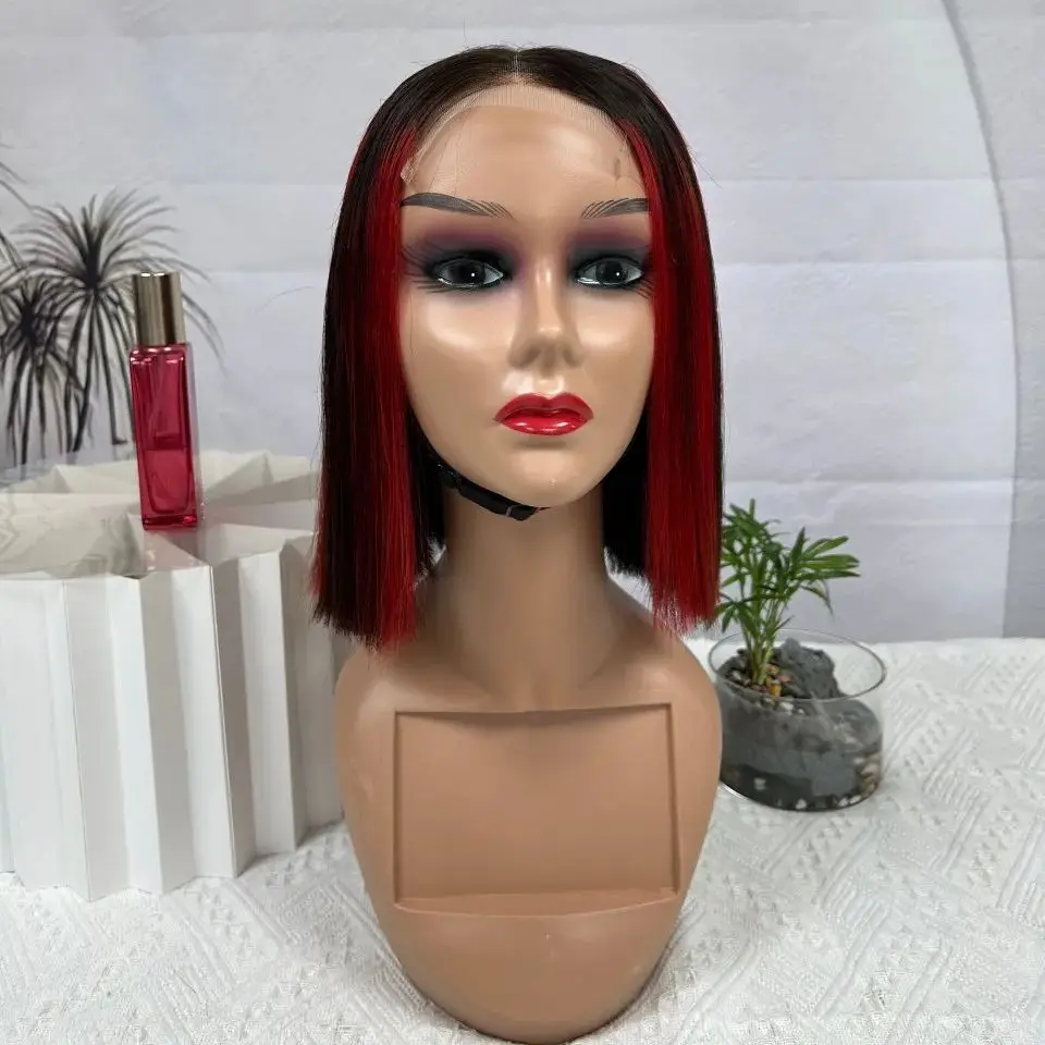 Wig rambut manusia Remy Brasil lurus warna 1B/merah Piano 10 inci dengan kepadatan 200% untuk wanita Wig Bob lurus renda depan 4x4 obral