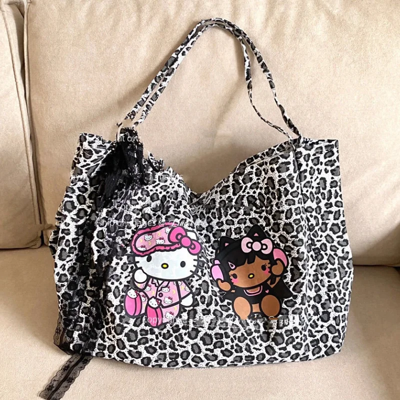 Hello Kitty Leopard Tote Bag Anime Sanrio Y2K Handbag Kawaii High-Capacity Shoulder Bag Cartoon Women Bags Axillary Pouch Gift