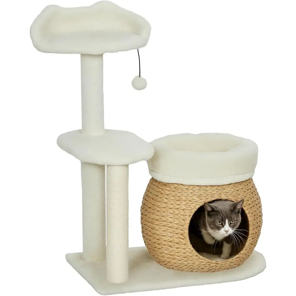 

31-Inch Cream White Cat Tree with Sisal Posts, Condo, Beds, Platforms, and Toy Ball Activity Center