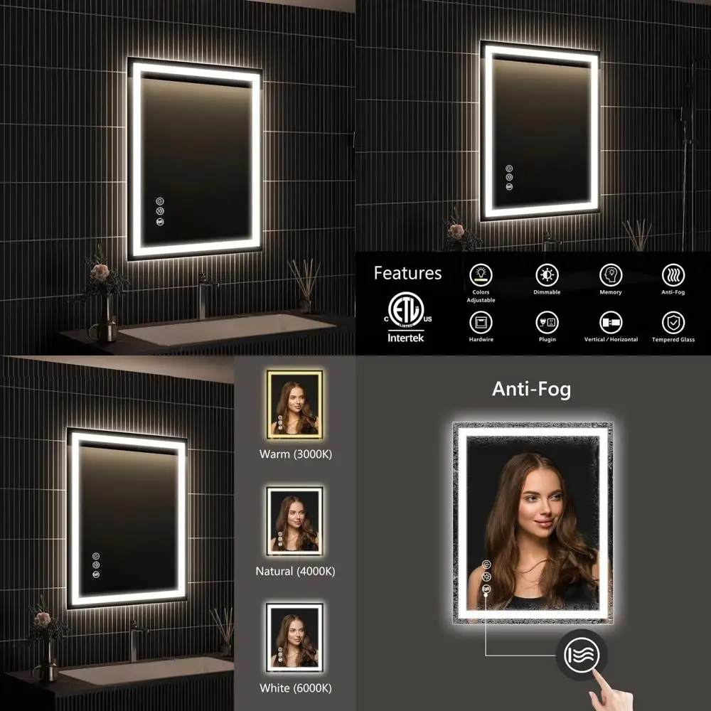 20x28 Inch LED-Illuminated Bathroom Mirror with Front and Back Lighting, 3-Color Makeup Mirror, Memory Function, and Anti-Fog Te