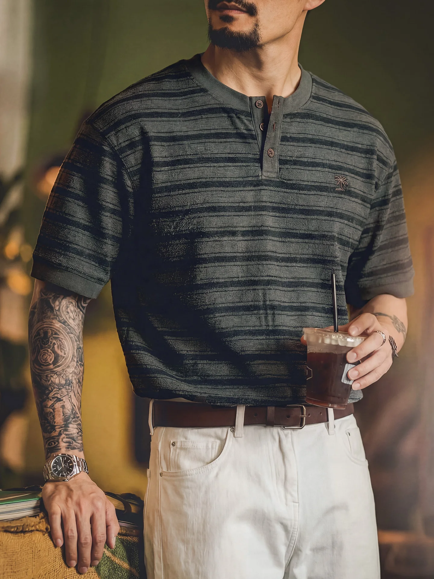 American Stripe Henry Collar Short Sleeve T-Shirt Men's Summer Knitted Cotton Blend Breathable Casual Top Youth Popular