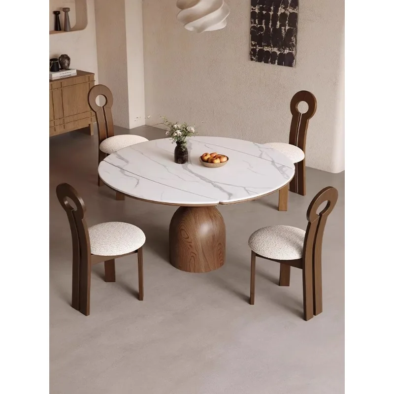 Retro style all solid wood rock slab dining table and chair combination small apartment retractable folding round table medium a