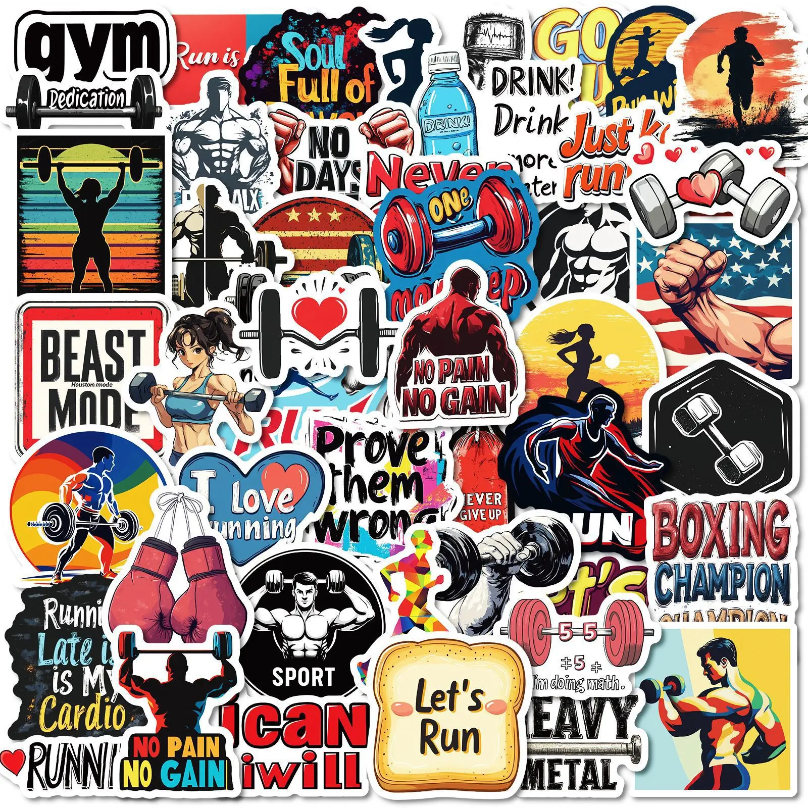 50Pcs HD Fitness Theme Stickers Pack No Repeat Waterproof DIY for Phone Laptop Suitcase Cup Coffee Maker Scooter Surfboard Decsl