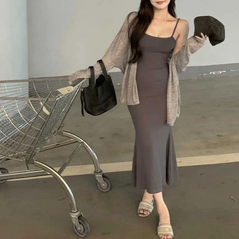 Women's 2024 Summer Splicing Fashion Solid Color Pure Desire Waistless Sleeveless Wrap Hip Slim Fit Fish Tail Slim Strap Dress