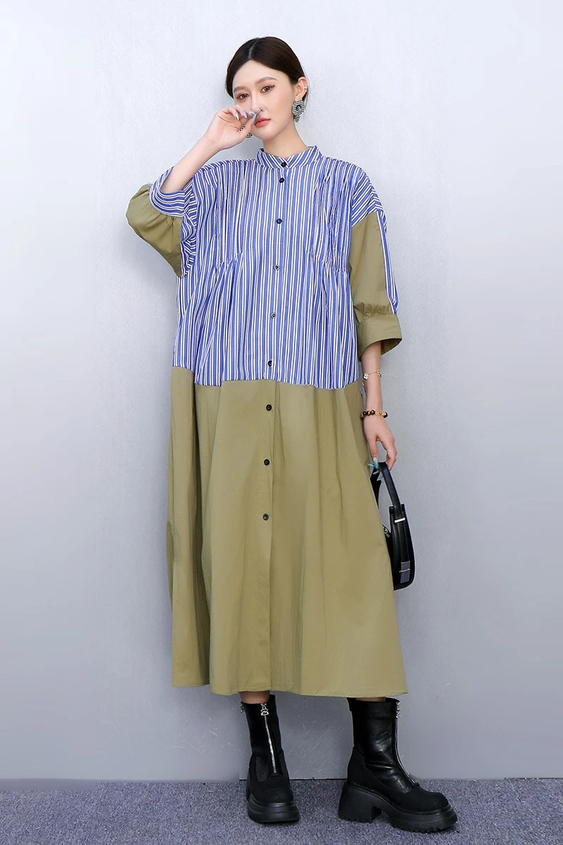 

2025 Summer New Elegant Retro Women Loose Stripes Shirts Long Casual Dresses Wholesale J1231
