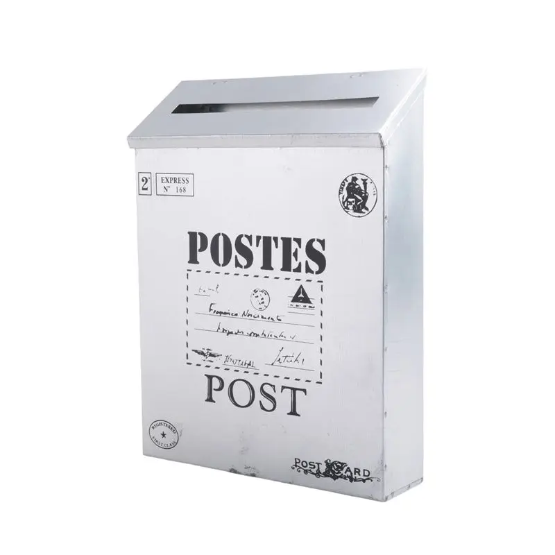 AT19-Mailbox Vintage Wall Mount Mailbox Post Letter Box Antique Metal Mailbox Rust Resistant Mail Holder Fit For Outside Silver