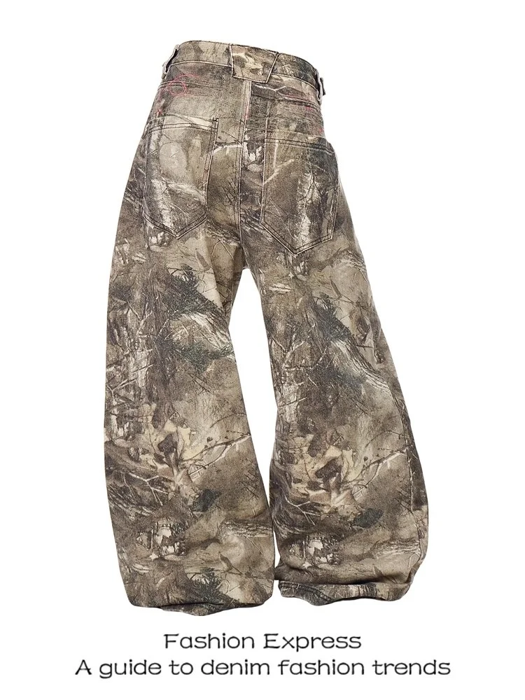 

American Retro Letter Embroidery Branch Camouflage Jeans Men's Loose Casual Straight Leg Wide Leg Knife Pants
