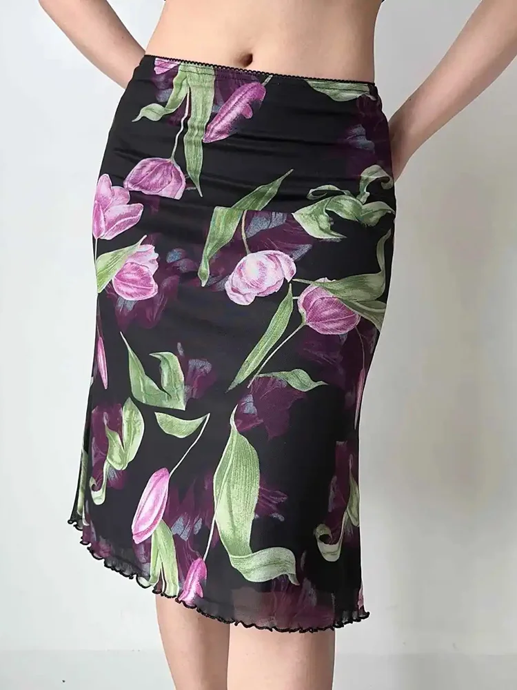 Vintage Floral Mesh Skirt Women High Waist Streetwear Slim Midi Mermaid Skirts Spring Summer American Retro Sexy Harajuku Skirts