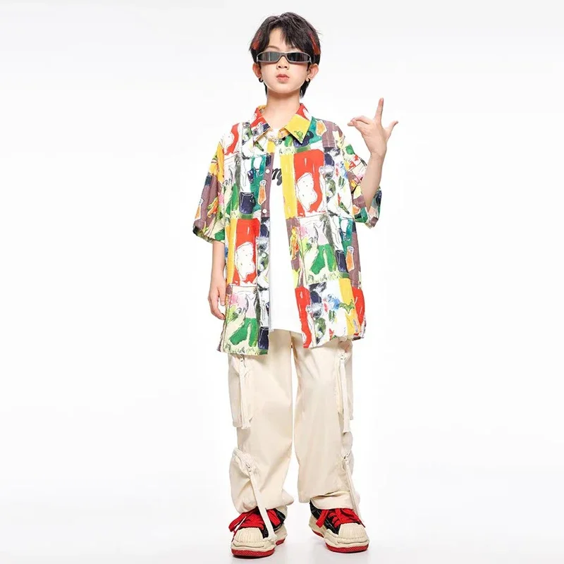 2024 New Children's Street Dance Trendy Clothing Boys Shirt Set Hiphop Loose Trendy Performance Outfits Catwalk Show Wear XH816