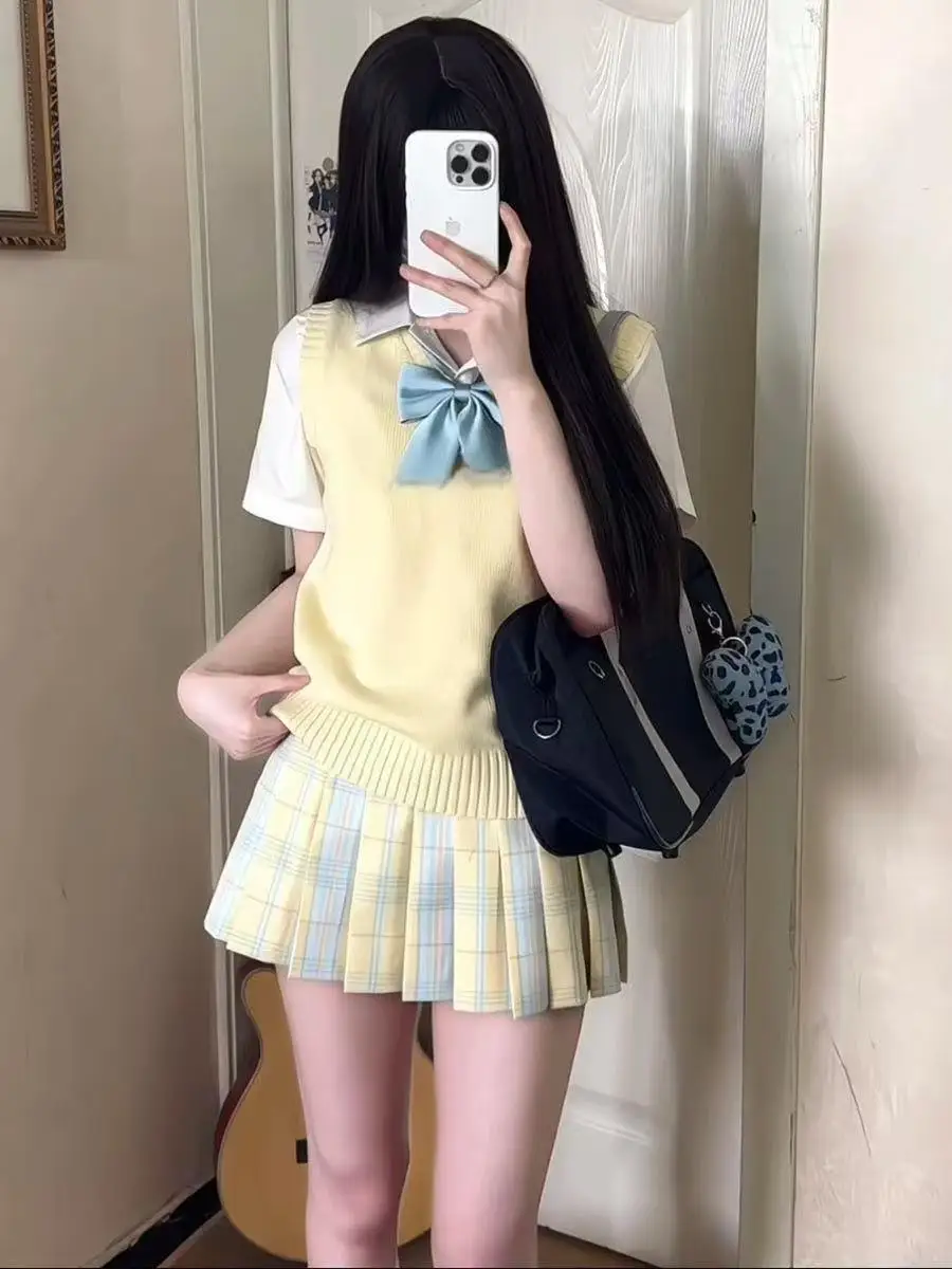 

Original Japanese Style JK Uniform Knitted Vest Summer New Versatile Slimming School Wind Orange Moon Grid Skirt Set for Women
