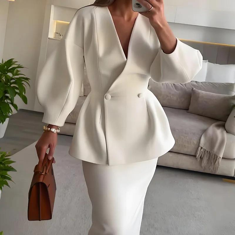 

Elegant Celebrity Women 2 Piece Suits 2025 New Fall Two Pieces Puff Sleeve V Neck Slim Jacket Coat&Straight Long Skirt Sets