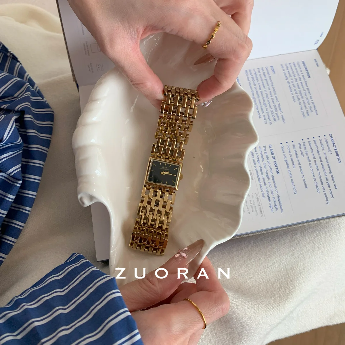 

New square-shaped, light luxury, high-end retro style, hollowed-out steel strap women's watch design, watch accessory.