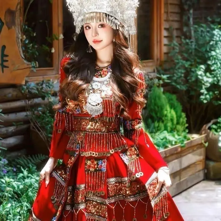 Embroidered red Miao clothing for young girls, Miao ethnic ancient style exotic wedding dress performance, Miao ethnic red