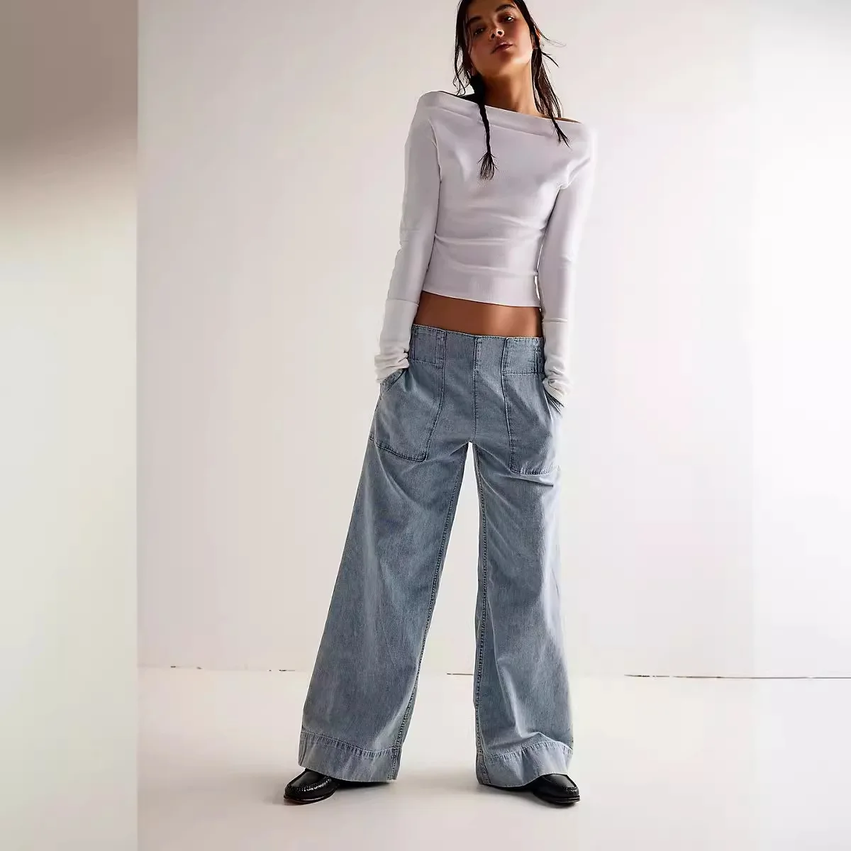 

Women's Fashion Stylish and Unique Low-waist Non-stretch Denim Pants Trendy Loose Fit Slimming Elastic Waist Denim Pants