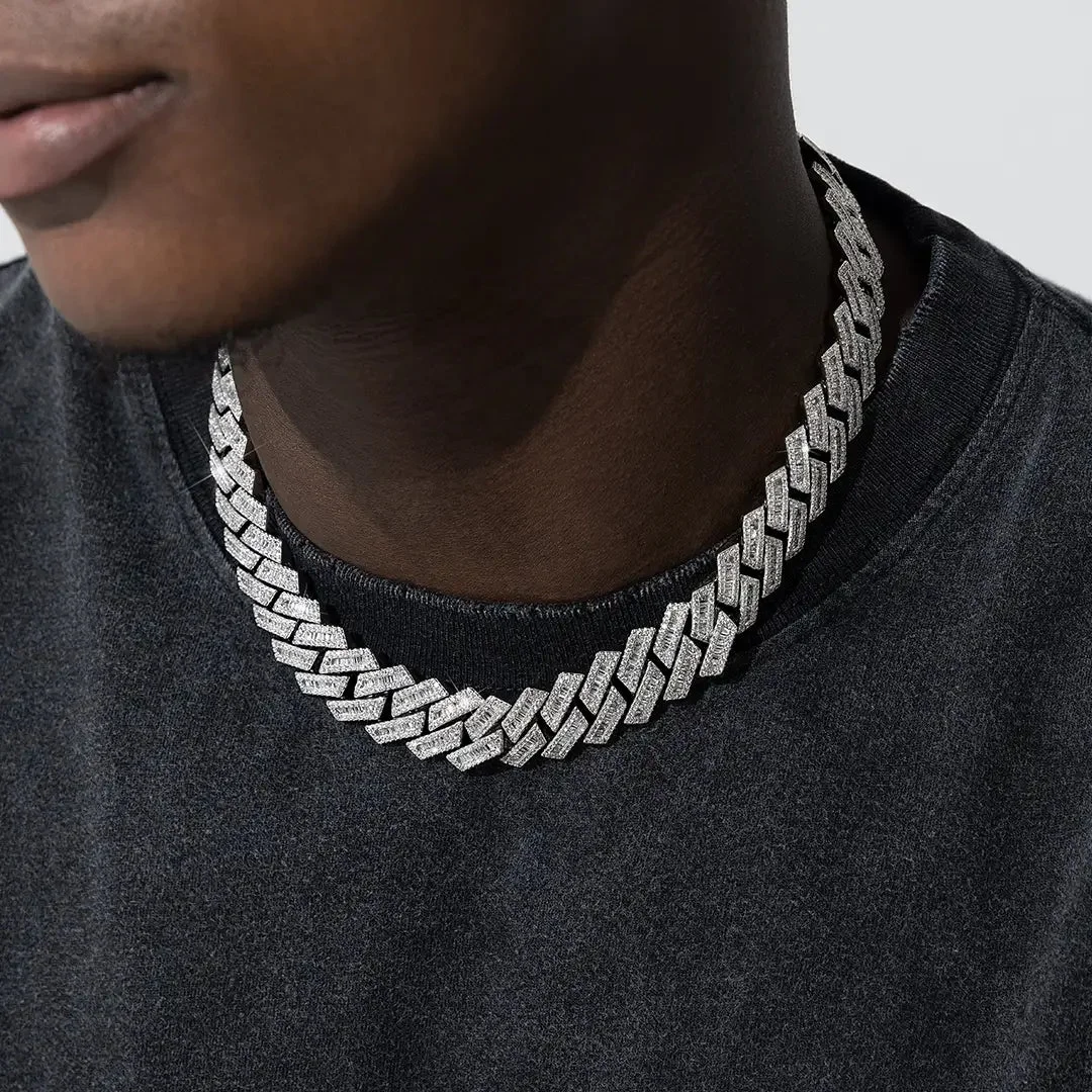 Luxury Hip Hop Men Fire Chain 925 Silver 18mm Iced Out Baguette Moissanite Cuban Link Chain