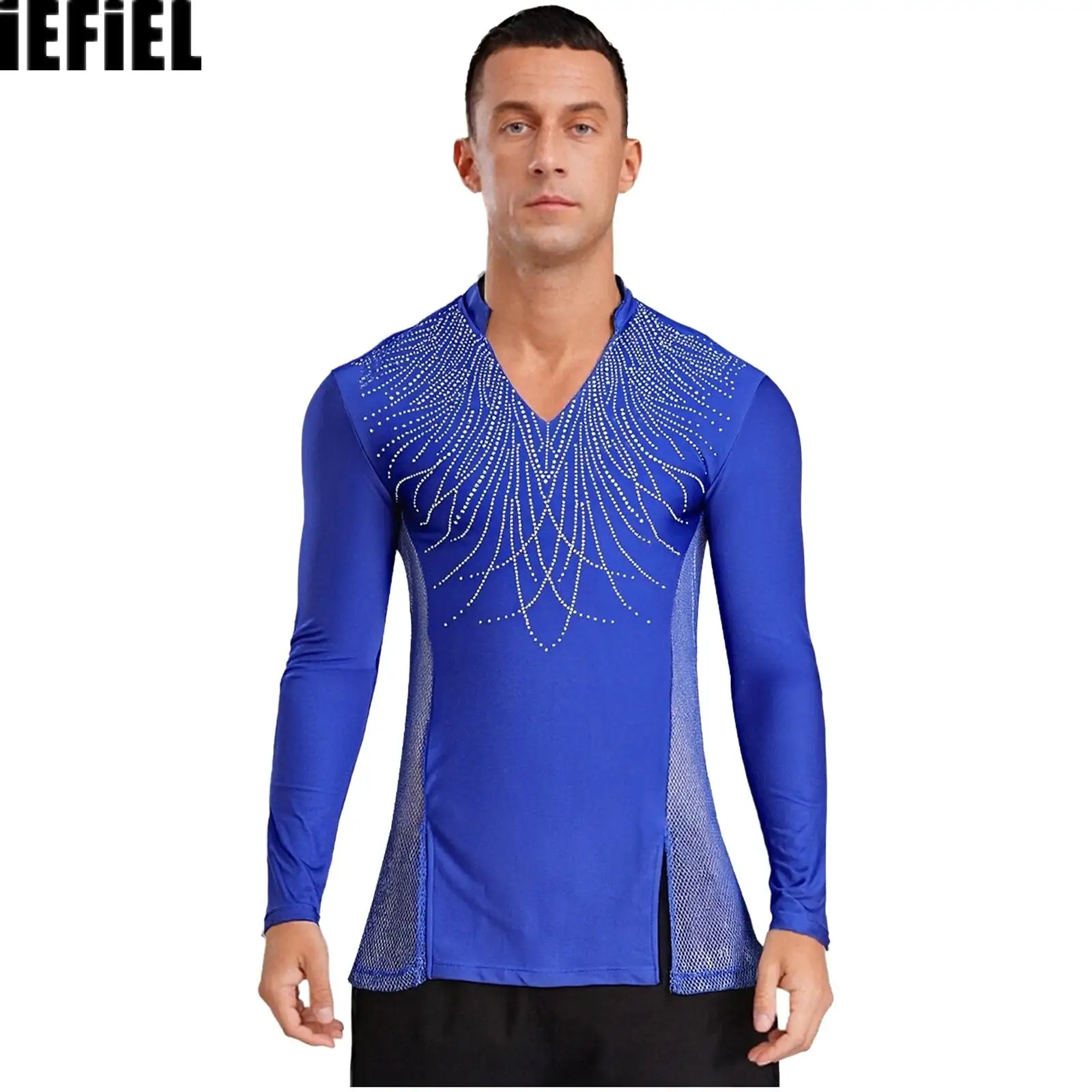 

Mens V Neck Dance Top Latin Ballet Long Sleeve Side Mesh Patchwork with Split T-shirt Top Dancewear for Chacha Tango Ballroom