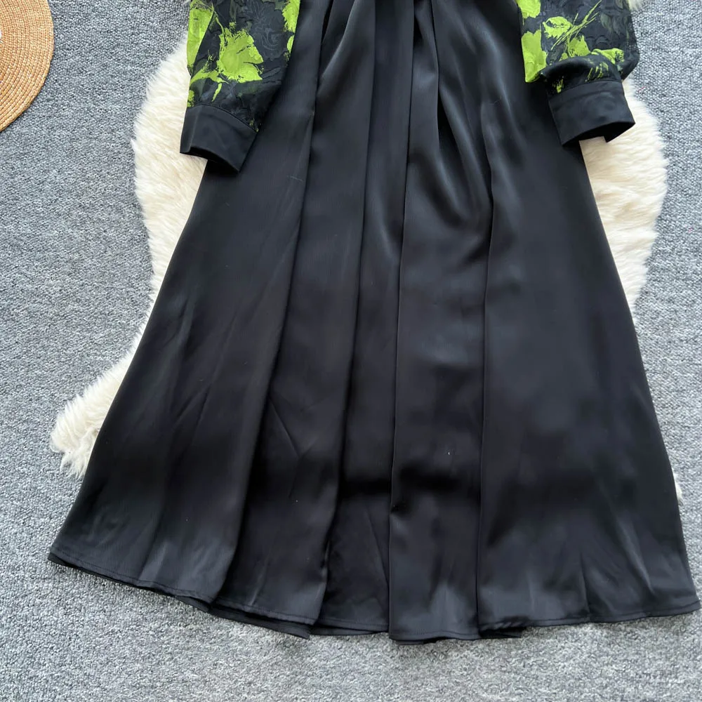 vintage Elegant satin print long sleeve dress Chic Vestidos Women Fashion Retro Party ceremony dresses
