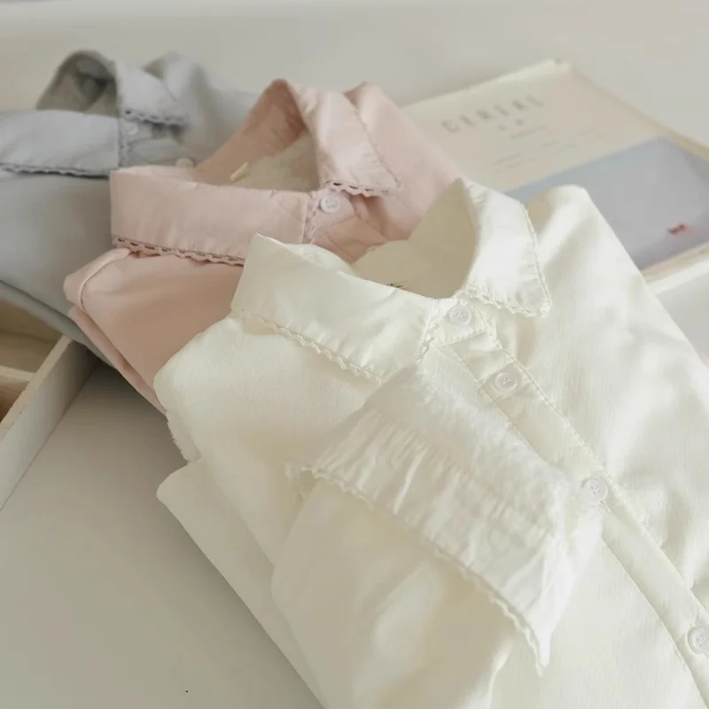 

Autumn Winter Lace Trim Long Sve Fce Lined Thiened Casual irt for Women Collar Warm Leisure Ladies Blouse