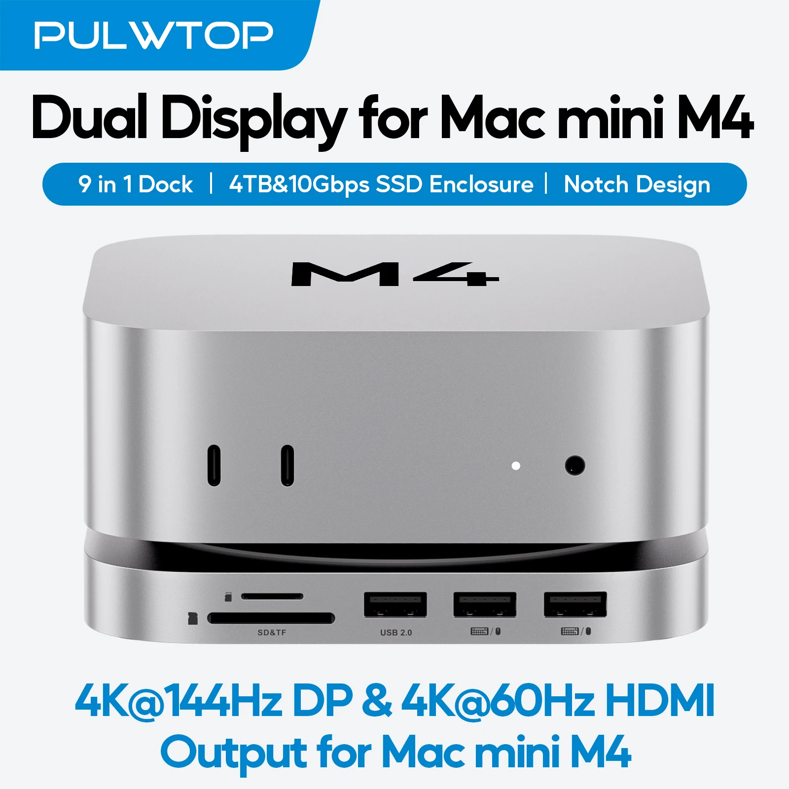 

PULWTOP Mac Mini M4 Dock with 4TB NVMe SSD Enclosure (SSD NOT Included), DP 4K 144Hz & HDMI 4K 60Hz, USB A 2.0, SD/TF ,Audio
