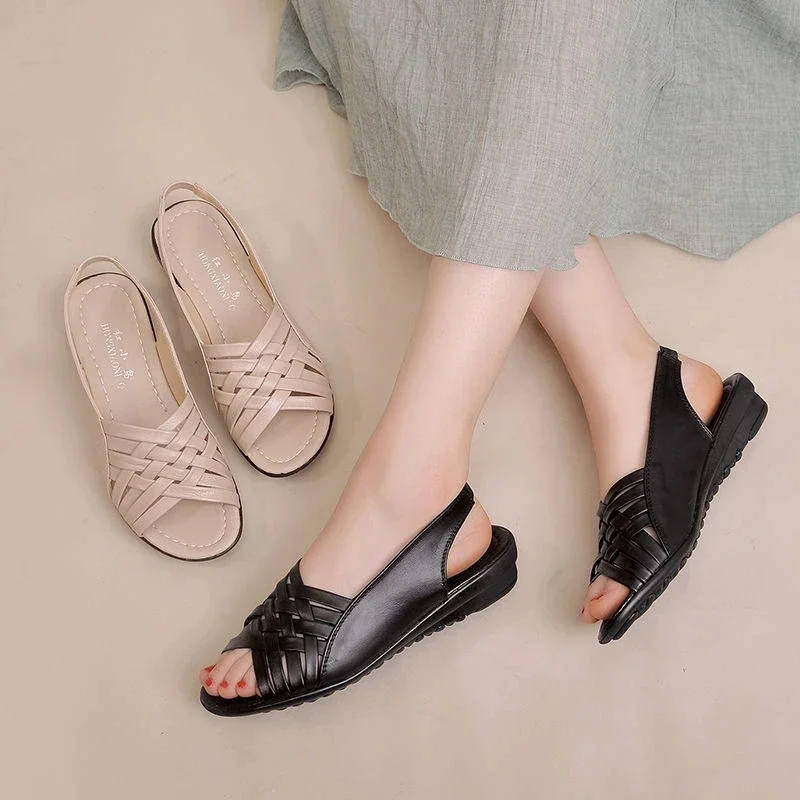 BEYARNE Summer Women Shoes Woman Genuine Leather Flat Sandals Open Toe Mother Wedges Casual Sandals Women Sandals Black Big Size