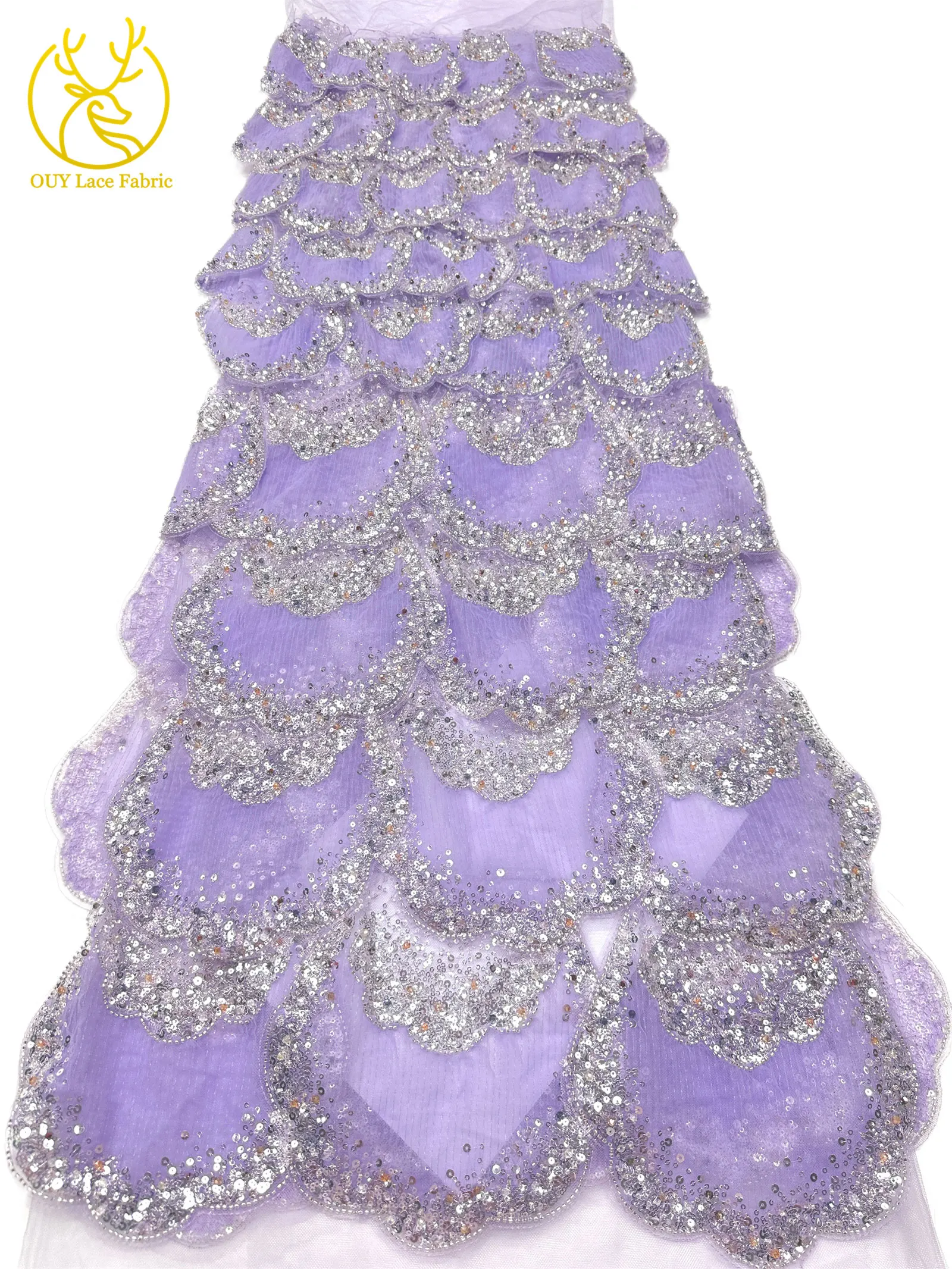 3D-Stickerei mit Pailletten und Perlen, marineblaue afrikanische Spitze, französischer Tüll, Netzspitze für Braut, Hochzeit, DIY, handgemachtes Nähen – Detail 24